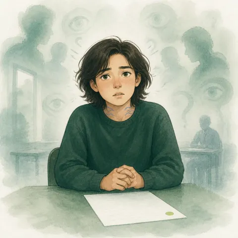 Akvarelillustration af en person ved et bord med et ark foran sig og nervøse blikke omkring.