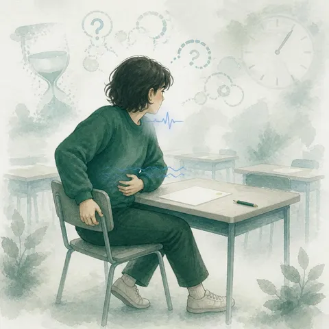 Akvarelillustration af en person ved et bord med ur, spørgsmålstegn og hånd på maven.