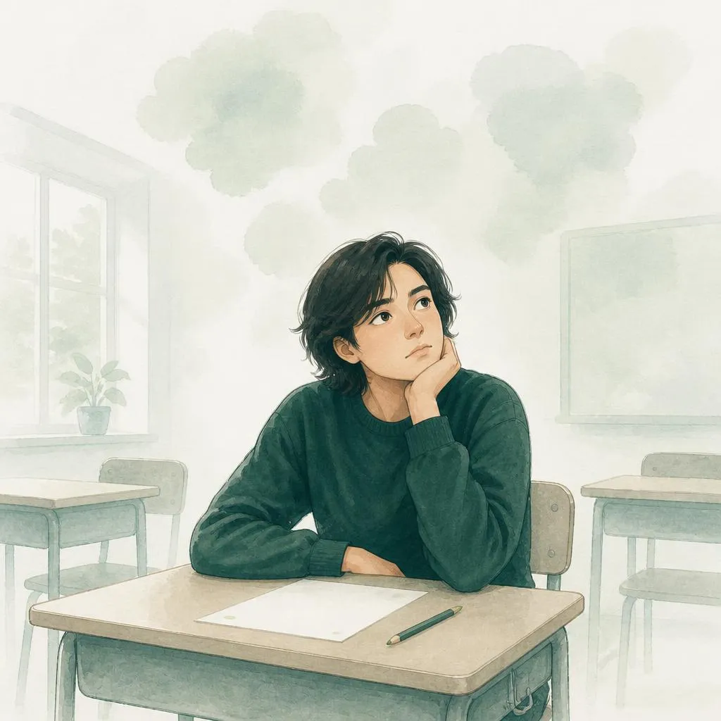 Akvarelillustration af en ung person ved en skolepult med et blankt opgaveark, der ser op og væk fra arket.