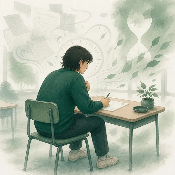 Akvarelillustration af en person ved et bord med papir og ur, mens tankeskyer og eksamensark svæver omkring.