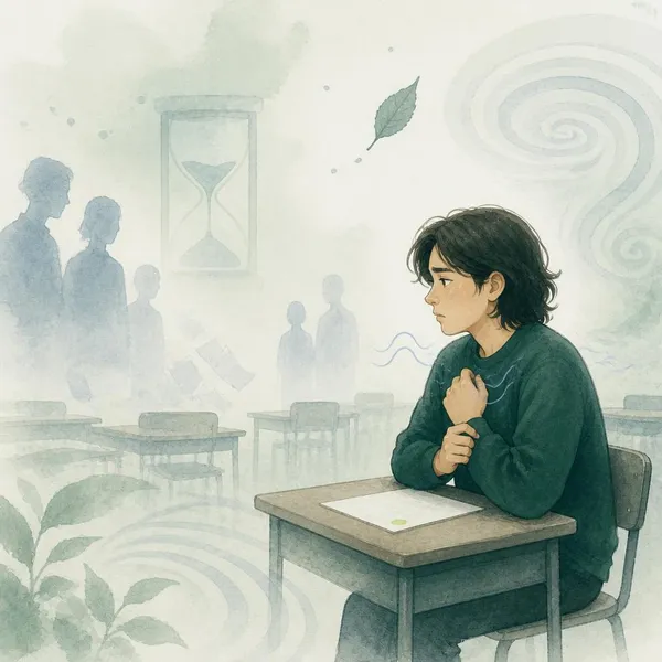 Akvarelillustration af en ung ved et bord med papir, mens uro og en timeglasfigur svæver i baggrunden.