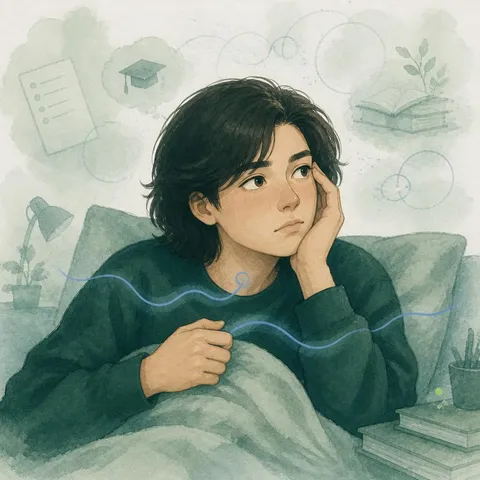 Akvarelillustration af en person i sengen med bekymret blik, omgivet af bøger og tanker om eksamen.